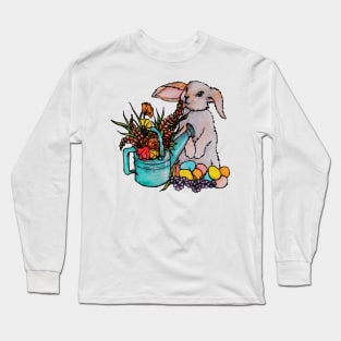 Watercolor Easter Bunny with watering can full of flowers Long Sleeve T-Shirt